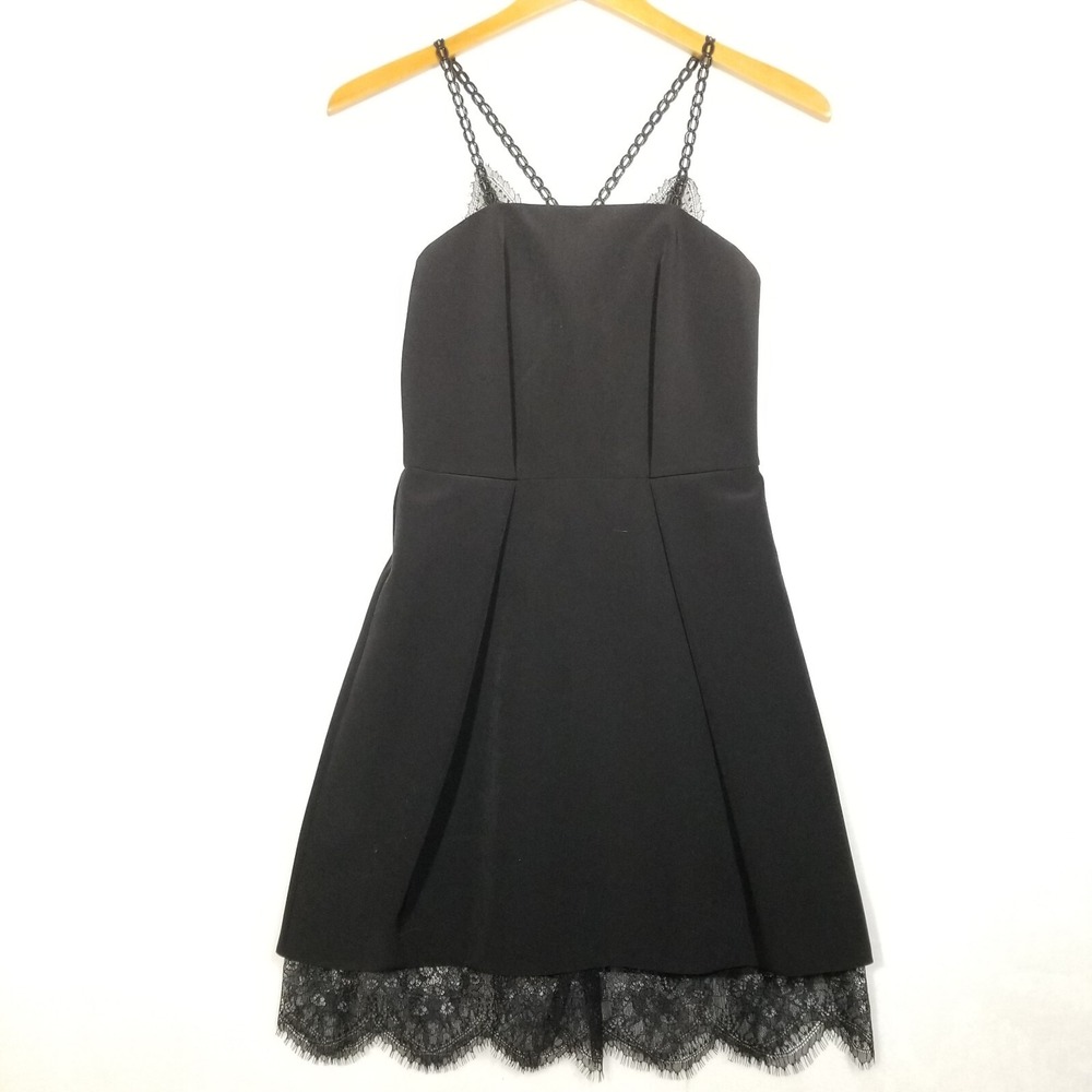 Topshop Dress Women‎ 2 Black Lace Trim Structured Pleated Strappy Whimsigoth LBD